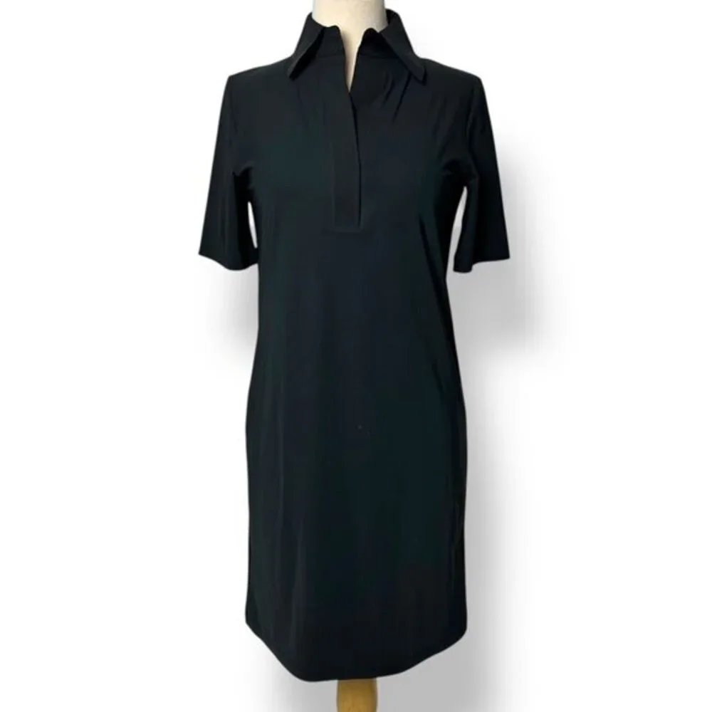 NWT SHAN Women's Black Lycra Polo Dress V-Neck Knee Length Short Sleeve Sz 02